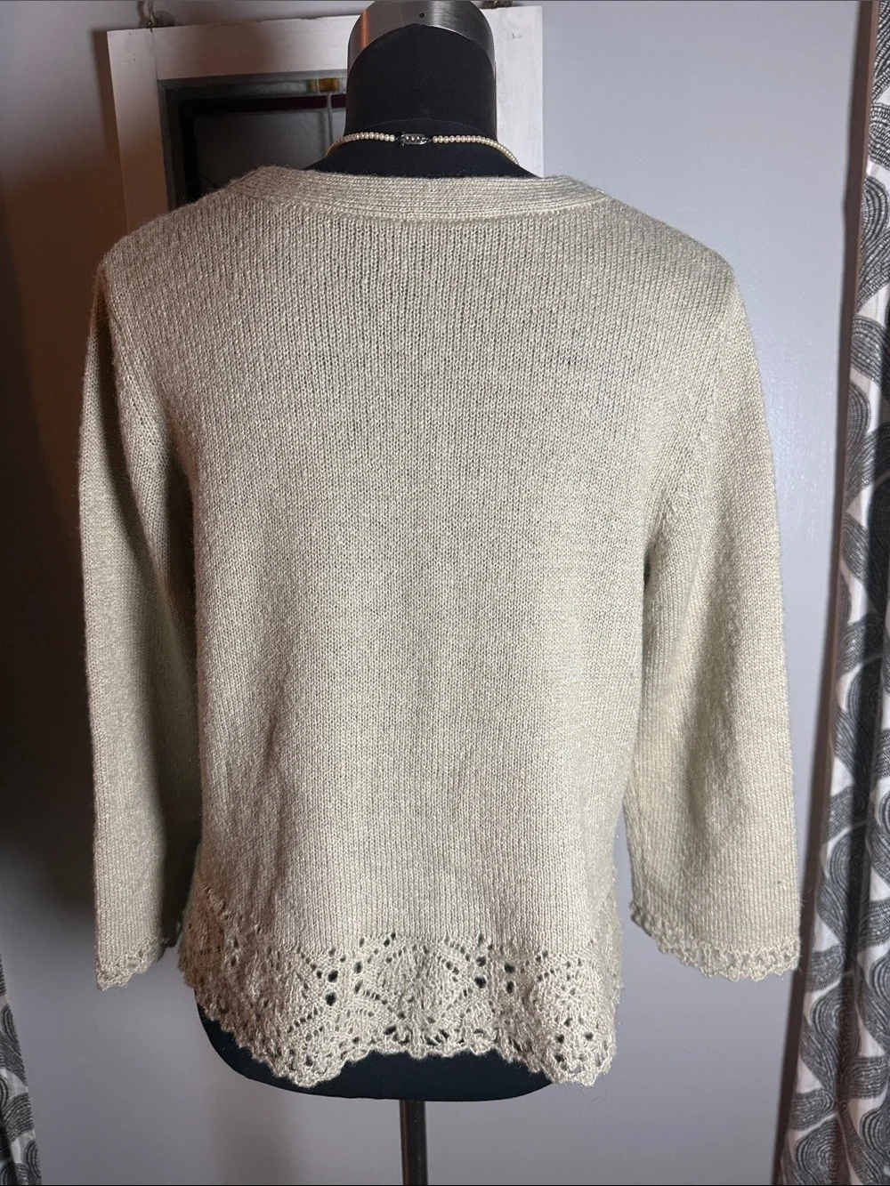 Vintage Sample Lace Trim Open Front Cardigan Beige Neutral Cottagecore SZ Small